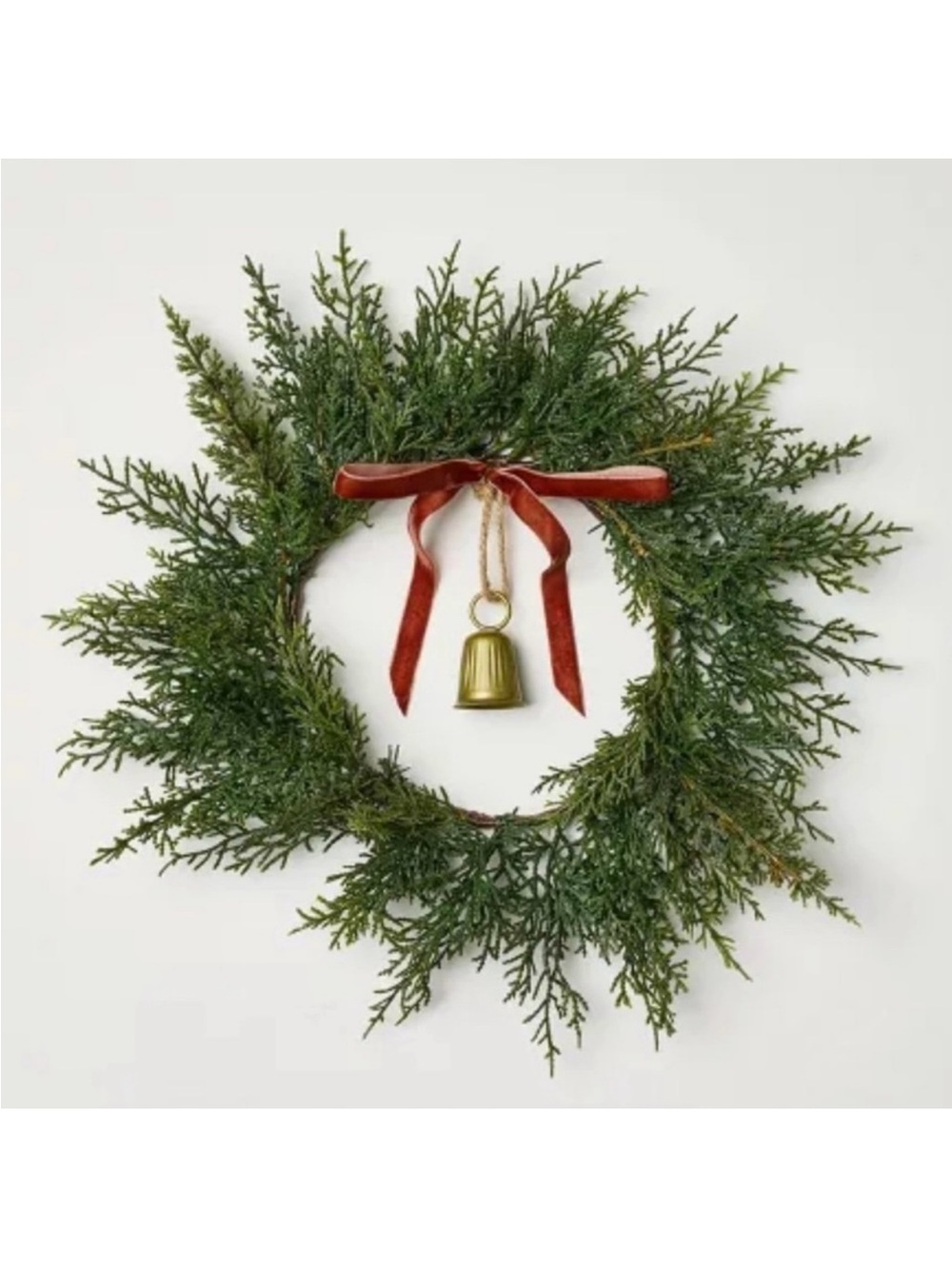 12" Mini Cypress with Brass Bell and Red Ribbon Christmas Wreath - Hearth & Hand